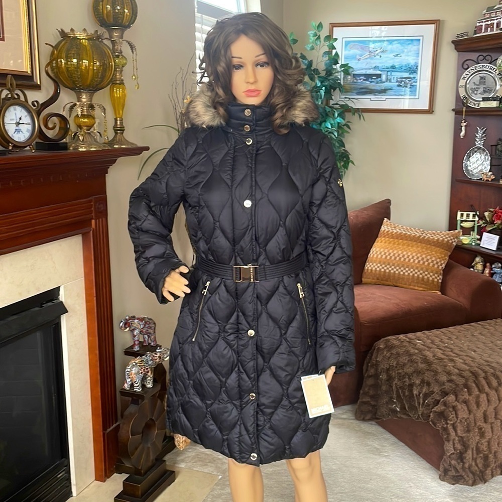 Brand New Michael Kors Black Down Alternative Zippered Faux Fur Hooded Belt Coat - Picture 2 of 16